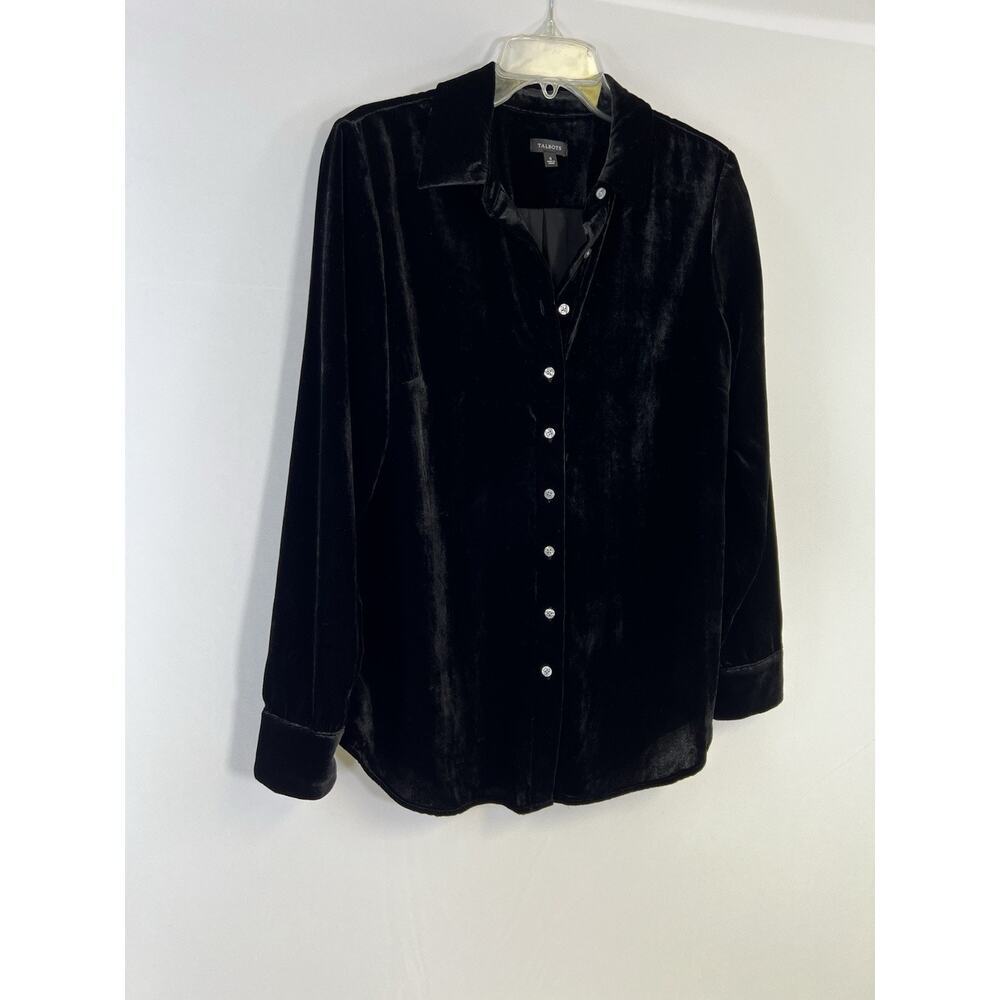 Talbots Vintage Velvet Silk Button Up Long Sleeve Shirt Womens Size S Black - Picture 3 of 8
